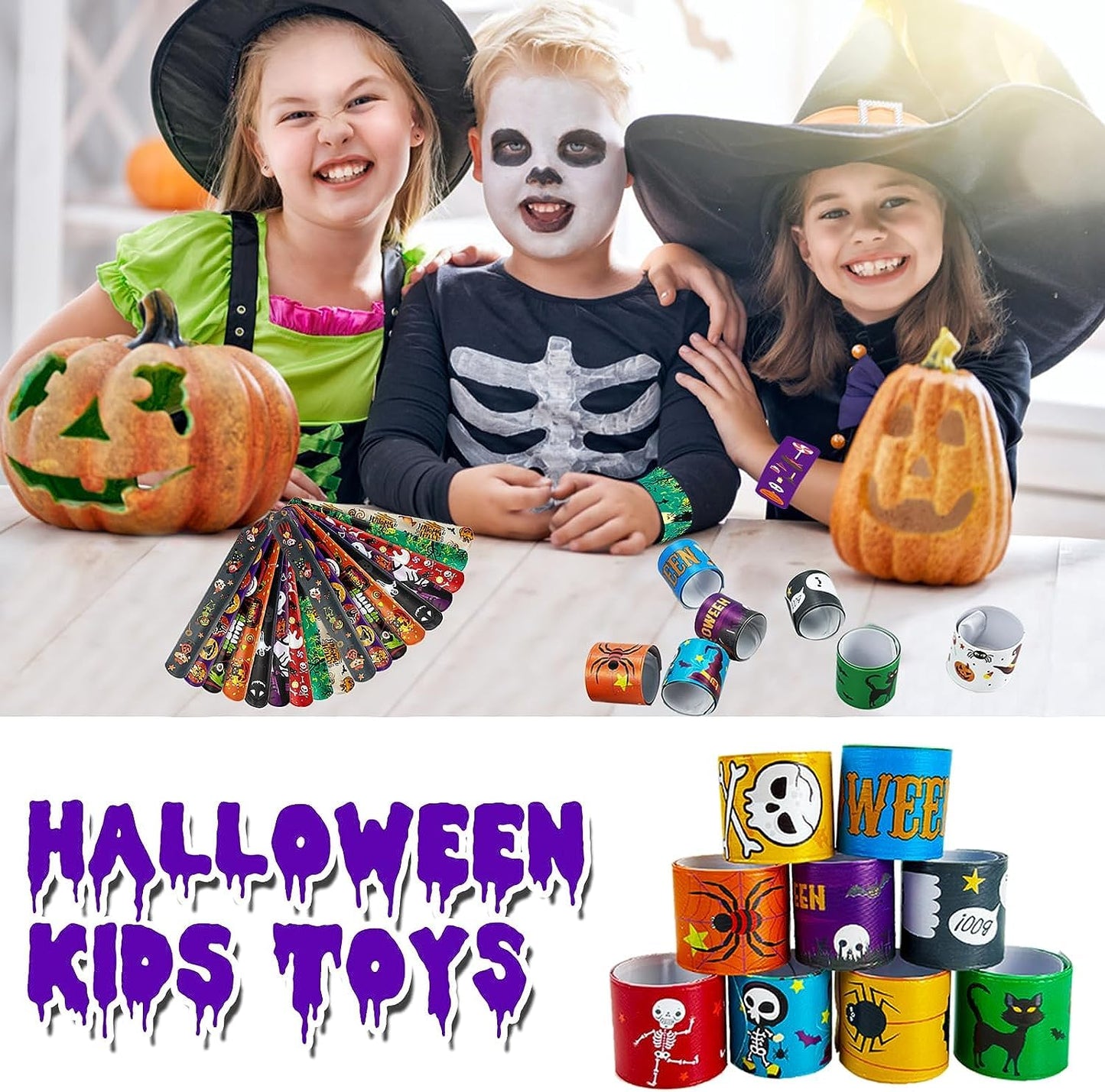 SUNPROUND 100Pcs Halloween Slap Bracelets, Halloween Party Favors Treat Toys for Kids Girls Boys, Slap Bracelets Bulk for Halloween Party Supplies, Halloween Treat Goodie Bags Gifts
