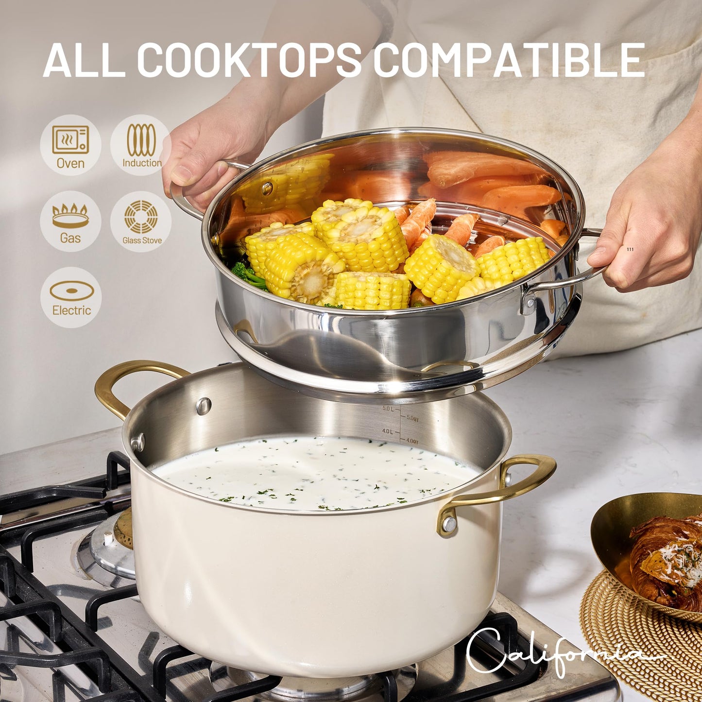 CAROTE 8QT Full Clad Tri Ply Stainless Steel Stock Pot with Lid, Kitchen Stockpot Soup Pot, Outer Ceramic Layer, Even Heating, All Stoves Compatible, Oven & Dishwasher Safe, Stay Cool Handle, White