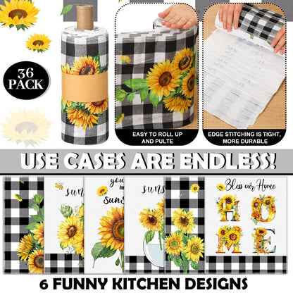 Mindsoft 36 Pcs Spring Sunflower Reusable Paper Towels Rolls Sunshine Washable Bulk Spring Kitchen Towels Paperless Reusable Cloth Cotton Napkins with Cardboard for Kitchen Bathroom Home Decor