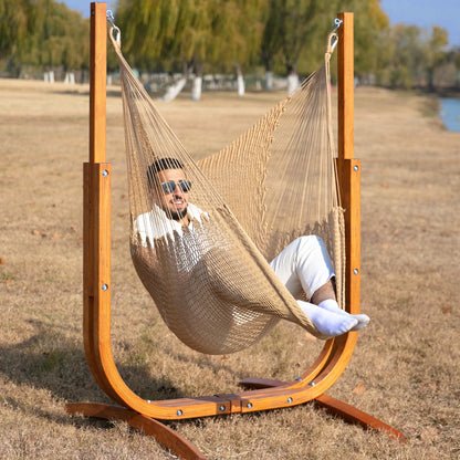 SANIWERKE® Hammock Chair with Stand, Caribbean Hammock Chair and Laminated Wooden Stand Combo, Sturdy Design, 400LBS Capacity, 70x50Inches, Jumbo Haven Lounger for Patio & Porch (Soft Tan)