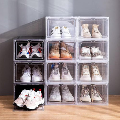Attelite Shoe Box | Set of 6 Stackable Clear Organizers with Magnetic Door - Fits US Size 12, Black