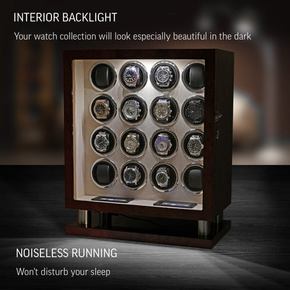 Watch Winder for 16 Automatic Watches with LED Backlight and LCD Touchscreen Control (Dark Burl + Beige)