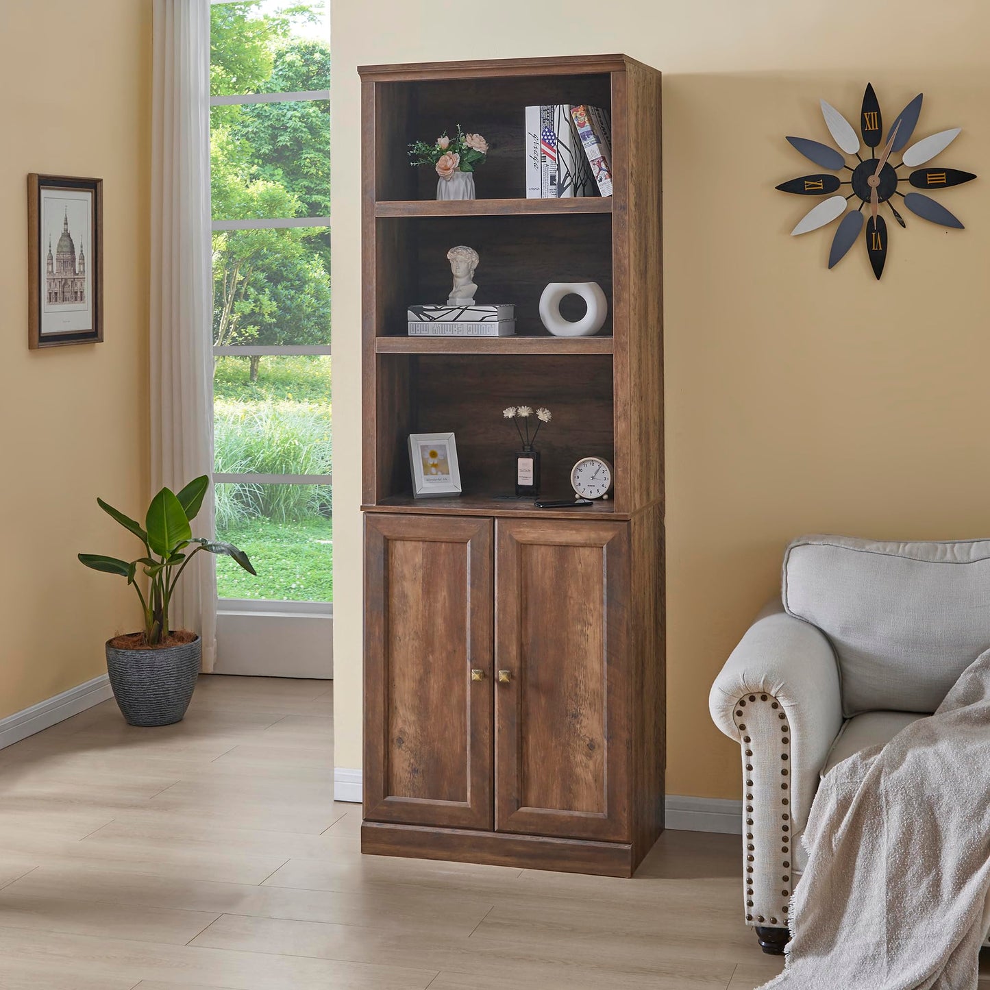 DiMorture 81" Tall Bookcase with USB Port, Wooden Book Cases Organizer with 3 Open Shelves and 2 Doors, Free-Standing Library Bookshelf Side Cabinet for Living Room, Bedroom (Brown)