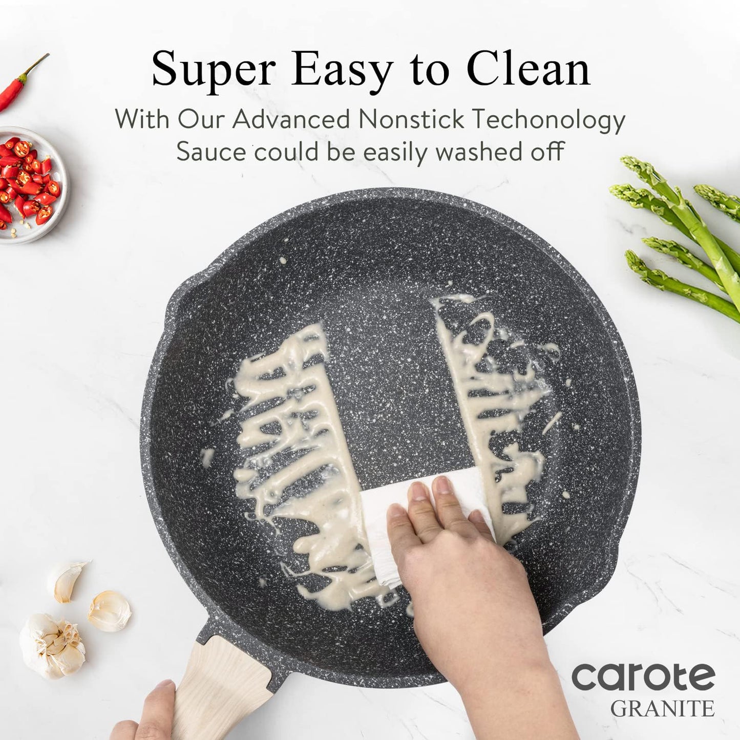 CAROTE 12 Inch Nonstick Deep Frying Pan with Lid, 5.5 Qt Jumbo Cooker Saute Pan with Pour Spout, Skillet Induction Cookware, Non Stick Cooking Pan PFOA Free, Classic Granite