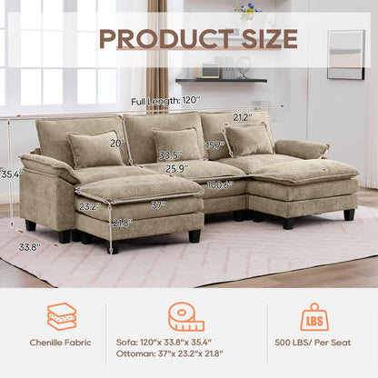 IPKIG 117" Modular Sectional Sofa, Chenille U-Shaped Sectional Couch Comfy Upholstered 3 Seat Sofa with 2 Ottoman, Deep Seat Cloud Couch Sofa for Living Room, Khaki
