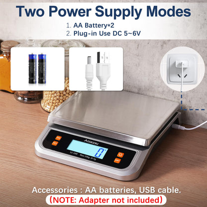 Atogou 88lb Food Scale, Commercial Kitchen Scale Plug-in Usable with Full View LCD Display, Stainless Steel, for Baking, Bread, Cooking, Meat, Vegetables, Farm, Industry LC200 Silver