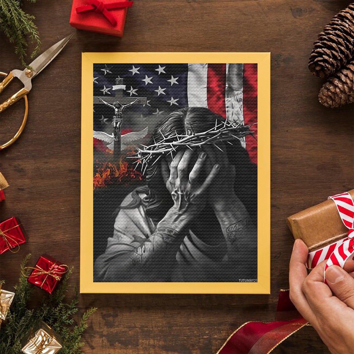 TUTUMAY21 5D Diamond Paintings Jesus and The American Flag Gem Kits for Adults Full Drill Round Diamonds Art Kits Paint Diamonds Round for Gift, Wall Decor Wall Gift 12x16inch