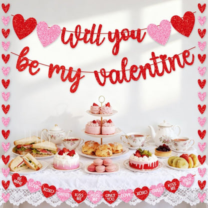 Valentines Day Decorations, No DIY Glitter Red Pink Will You Be My Valentine Banner Hollowed Conversation Heart Banner Heart Garlands String for Valentines Home Mantle Wall Office Decor Supplies