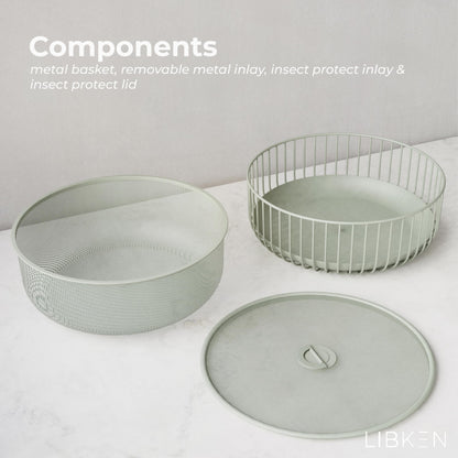 LIBKEN Metal Fruitbasket with Mesh Lid and Basket - Fruit and Vegetable Holder For Kitchen Counter - Countertop Display Baskets Organizer - Bowl Storage for Veggie, Fruits, Snack, and Banana - Green