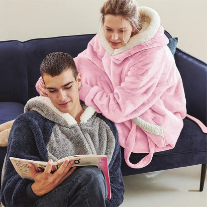 Bedsure Oversized Blanket Hoodie - Long-length Wearable Hooded Blanket Sweatshirt with Side Split, Belt and Big Hood, Giant Warm Sherpa Sweater Blanket Jacket, Pink