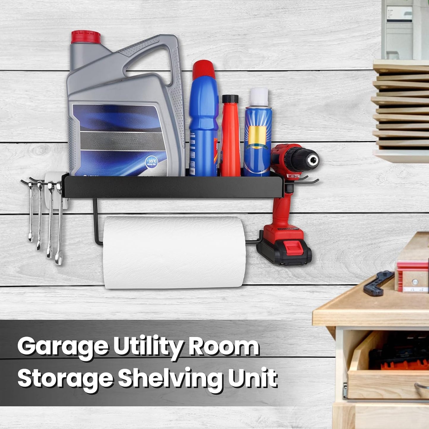 Tongyuyan 2 Garage Paper Towel Holder with Shelf & Detachable Hooks - Wall Mount Shop Towel Holder & Paper Towel Holder