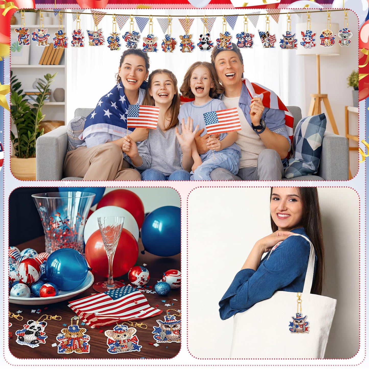 WILLBOND 30 Pcs 4th of July Animals Diamond Art Keychain Kits for Adults Independence Day Patriotic Diamond Painting Keyring Double Sided American Flag Red White Blue Hanging Ornaments for DIY Crafts