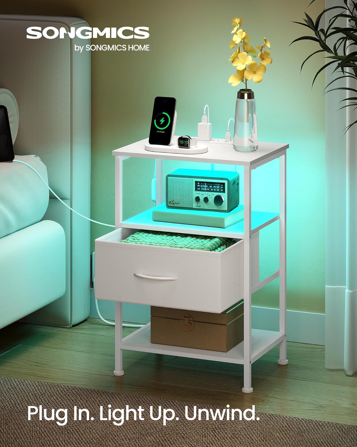 1 2 ULGS301WH01S SONGMICS BELLAH Collection - Nightstand with Charging Station and App-Controlled Adjustable LED