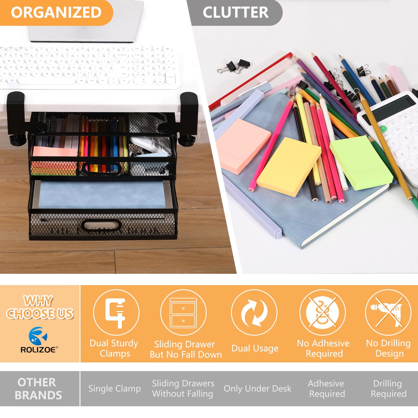 ROLIZOE Sliding Under Desk Drawer Organizer No Drilling 2 Drawers Slide Out Desktop Or Under Table Storage Metal Clamp On Desk Drawer Attachment Anti-Slip Under Desk Organizer for Home & Office