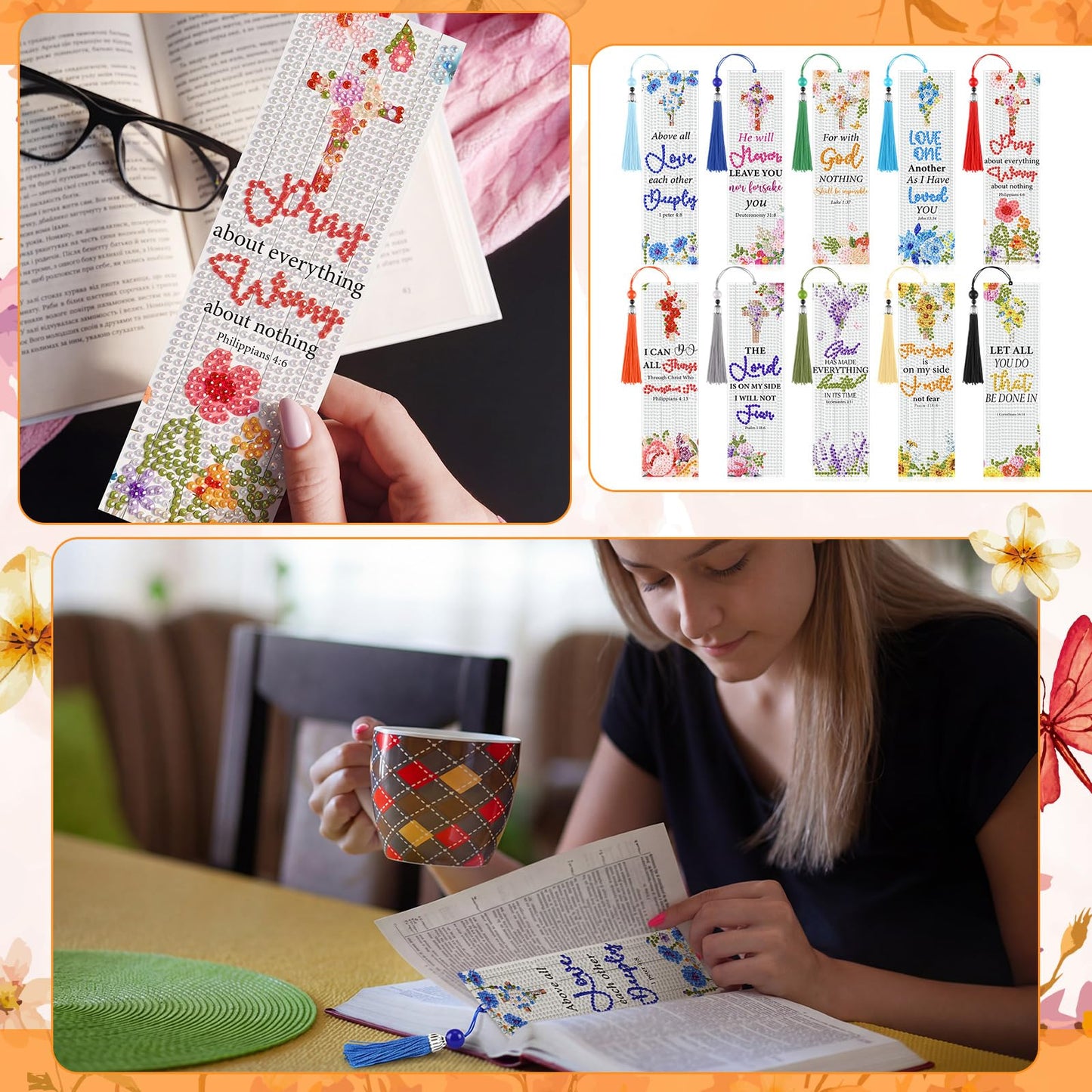 Sinload 10 Pcs Christian Bible Verse Diamond Art Bookmark for Adults Christian Diamond Bookmarks with Tassels 5d Watercolor Floral Cross Bookmarks for Reading Lover DIY Crafts Religious Gifts