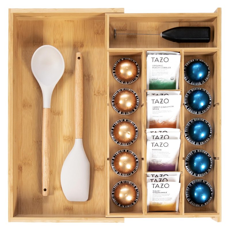 KitchenEdge Tea Bag and Coffee Pod Kitchen Drawer Organizer, Expandable 9.7 to 17 Inches, 10 Accessory Compartments with Adjustable Wall Inserts, Non-Slip Rubber Feet, 100% Sustainable Bamboo Wood