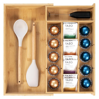KitchenEdge Tea Bag and Coffee Pod Kitchen Drawer Organizer, Expandable 9.7 to 17 Inches, 10 Accessory Compartments with Adjustable Wall Inserts, Non-Slip Rubber Feet, 100% Sustainable Bamboo Wood