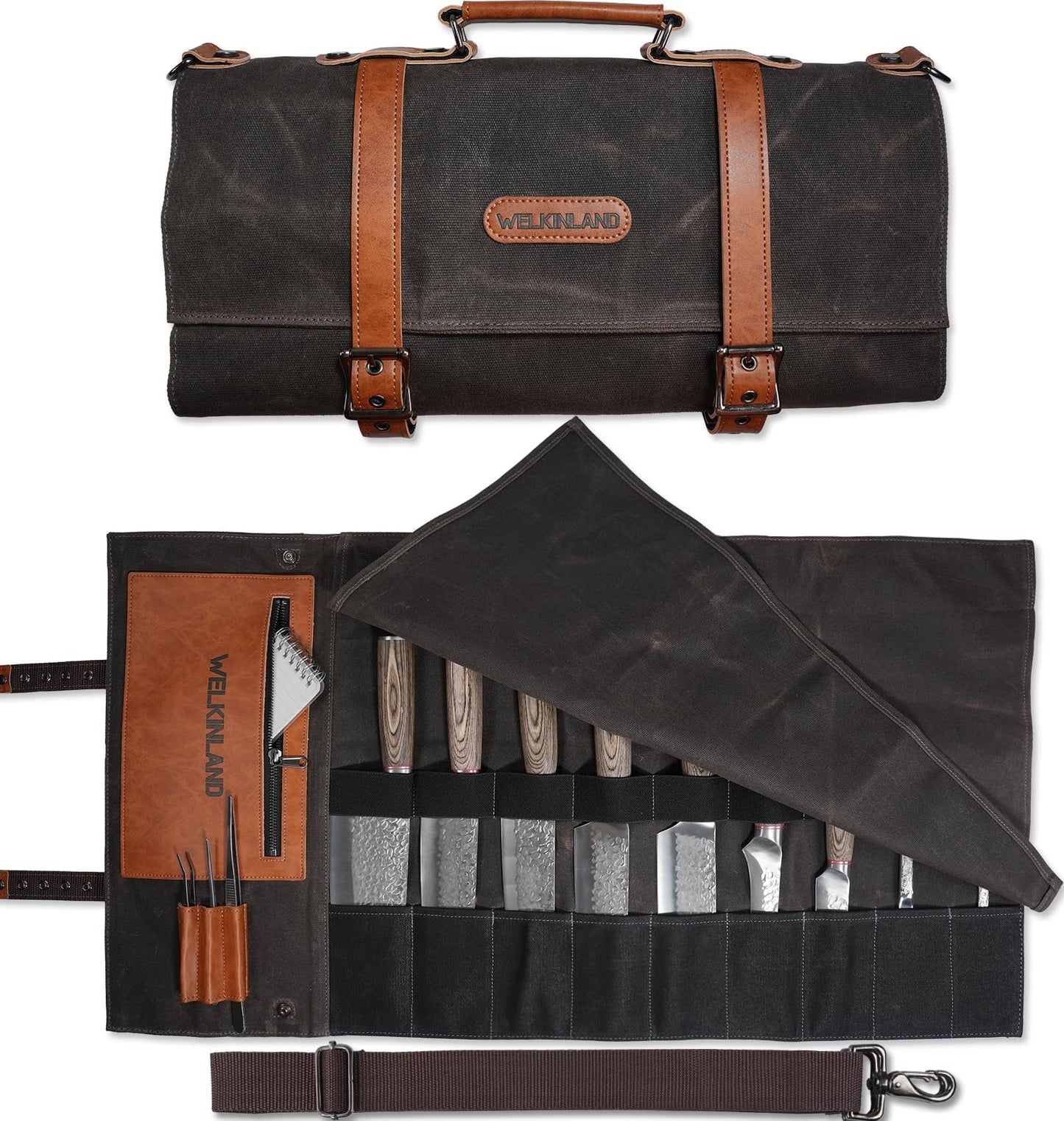 WELKINLAND 13-Pocket Knife Roll, Waxed-Canvas Leather Knife Roll Bag, Heavy-Duty Chef Knife Roll Bag, WaterProof Knife Wrap Roll, Portable Chef Knife Roll Up, Chef Knife Bags And Rolls