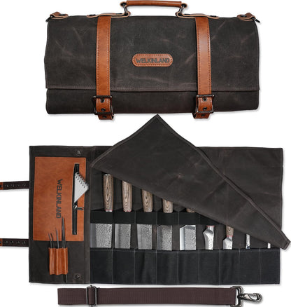 WELKINLAND 13-Pocket Knife Roll, Waxed-Canvas Leather Knife Roll Bag, Heavy-Duty Chef Knife Roll Bag, WaterProof Knife Wrap Roll, Portable Chef Knife Roll Up, Chef Knife Bags And Rolls