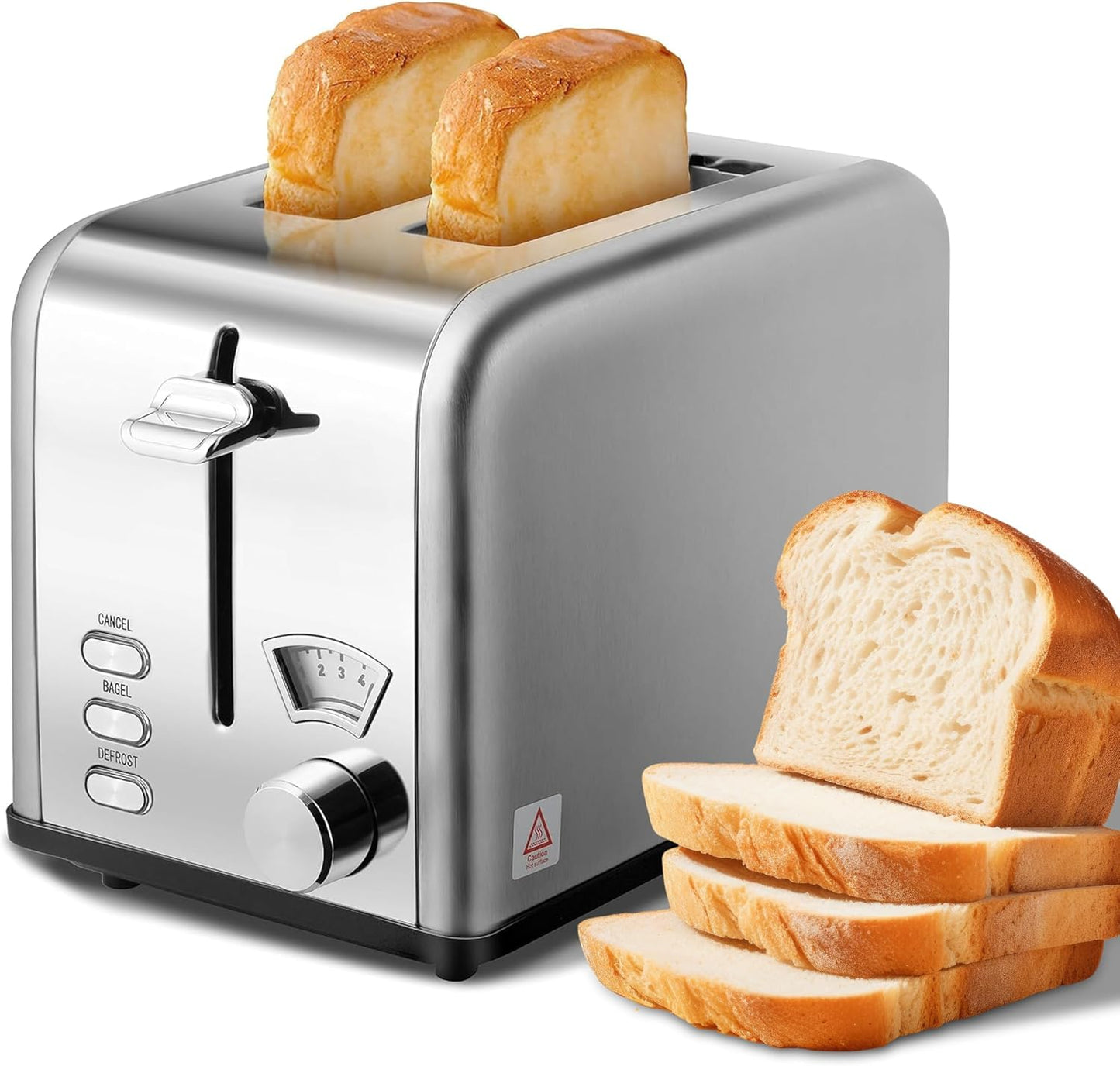 YSSOA 2 Slice Stainless Steel Toaster, Extra Wide Slot & Removable Crumb Tray, Retro Compact Oven, Silver