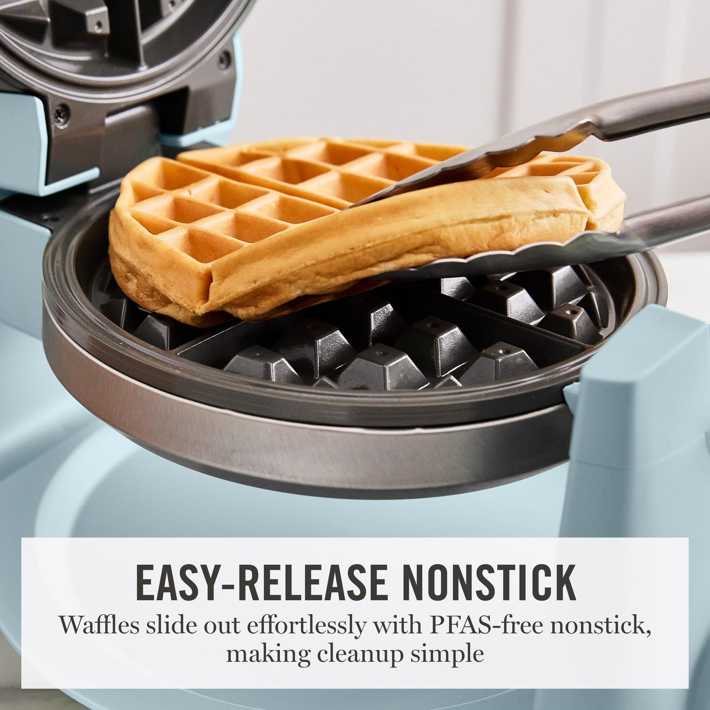Martha Stewart Rotating Waffle Maker, 180° Flip Iron with PFAS-Free Nonstick Plates, Adjustable Timer, Ready Light, Drip Tray, Space Saving, Classic Round 7”, Easy to Clean, Stainless Steel, Sky Blue