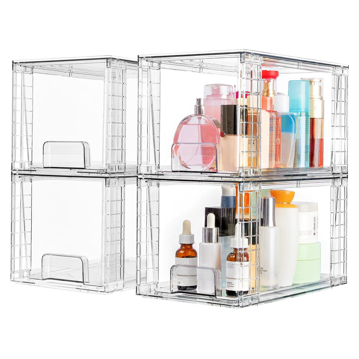 Vtopmart 4 Pack Large Stackable Storage Drawers,Easily Assemble Acrylic Bathroom Closet Undersink Organizers and Storage,Plastic Bins for Kitchen Cabinets,Pantry,Makeup,Medicine Organization