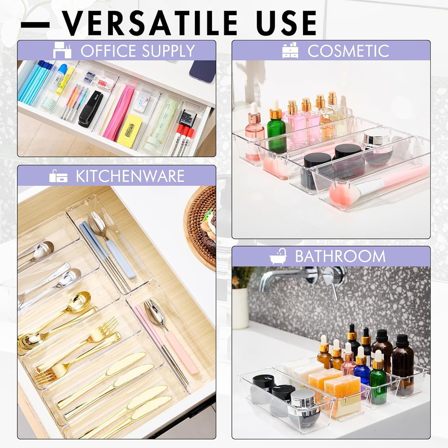 HOUSE DAY Desk Drawer Organizer Bins, 4 PCS Clear Drawer Organizers with Silicone Pads for Makeup, Office