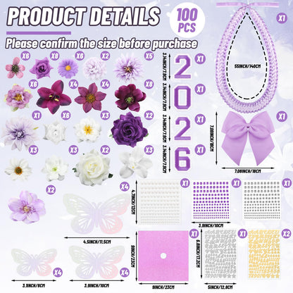 Dunzoom 100 Pcs DIY Purple Graduation Leis and Cap Decorations Kit 55''Double Braided Graduation Ribbon Lei Artificial Flower 3D Butterfly Glitter Paper Grad Cap Topper Accessory for 2026 Grad