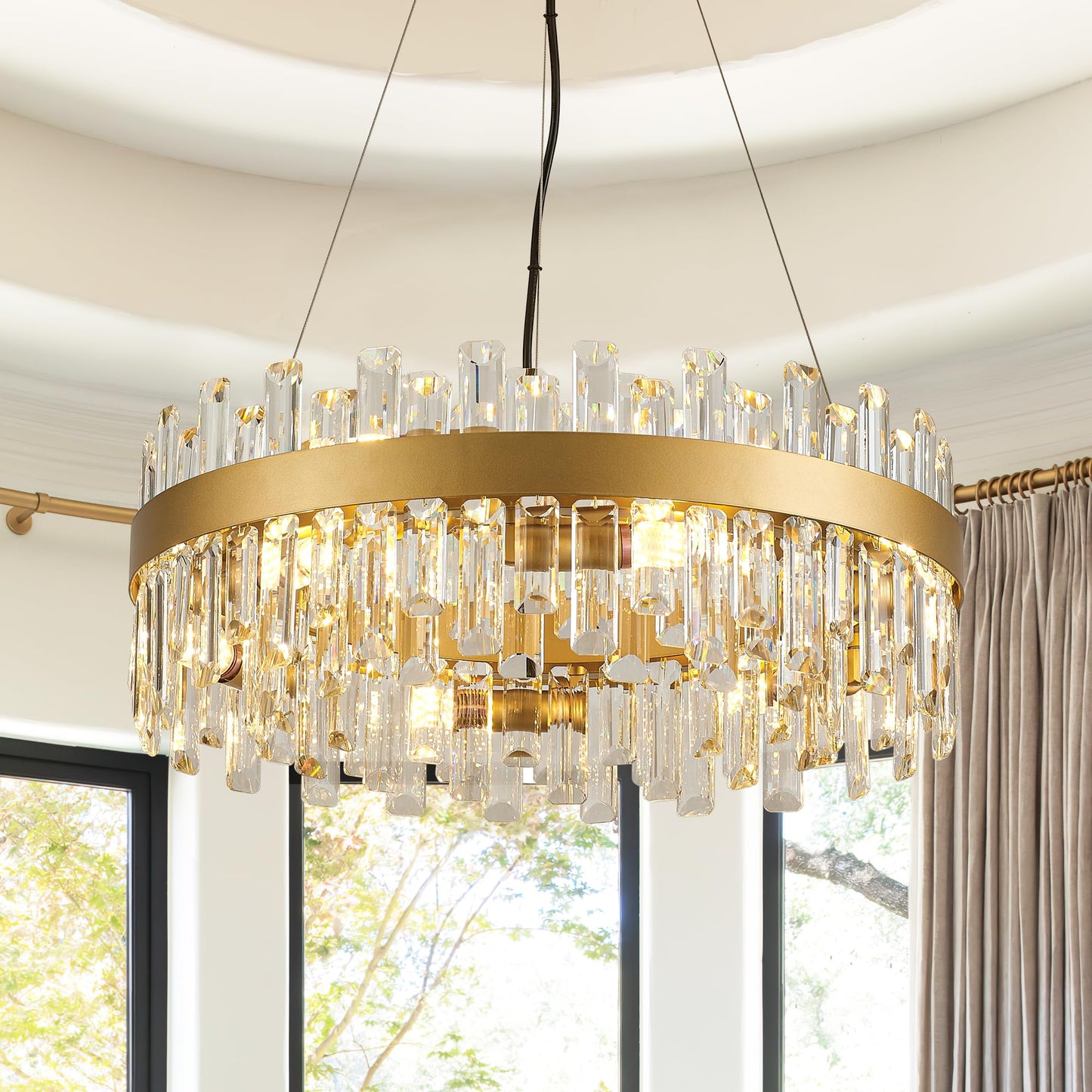 lighceac 21.7" Gold Modern Crystal Chandelier Light Fixtures Luxury 2 Rings Crystal Chandeliers for Dining Room 12-Light Round Hanging Pendant Lighting for Living Room Kitchen Island Entryway Bedroom