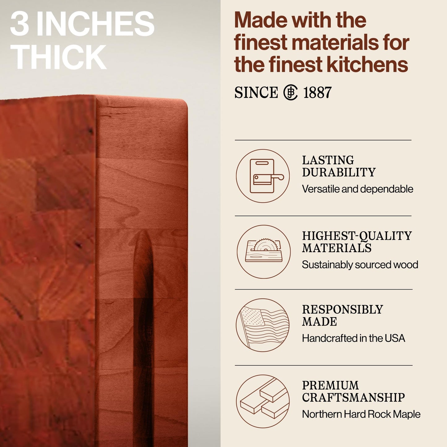 John Boos CCB Series Square Wooden Cherry Cutting Board 14”x14” – 3” Thick, 12-lb Reversible Butcher Block with End-Grain & Finger Grips – Made in the USA