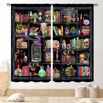 TKUYO 42"x45" Inch Witchy Curtains, Fantasy Magical Vintage Bookshelf Mysterious Bookcase Gothic Skull Spooky Gothe