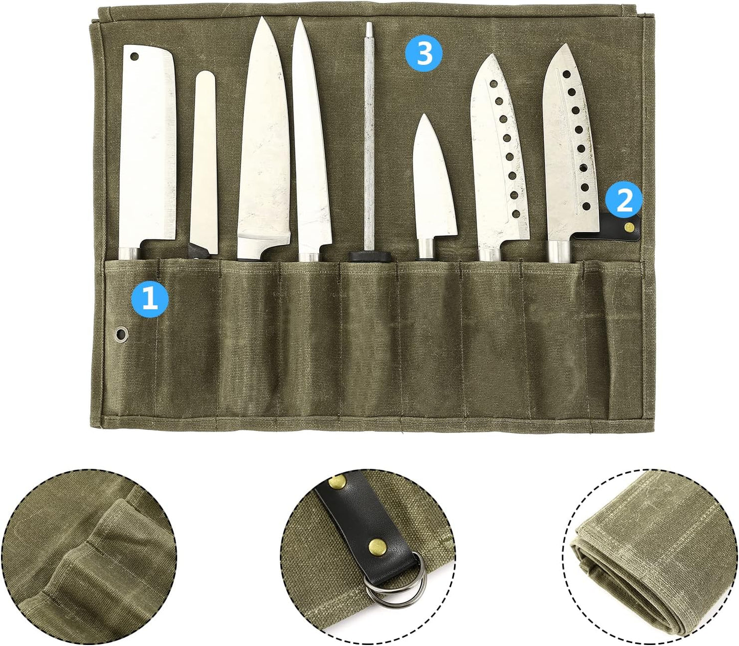 9 Pockets Canvas Chef Knife Roll Bag, Knife Wrap Wallet, Cutlery Knife Pouch Holders for Kitchen Utensils (Army Green)