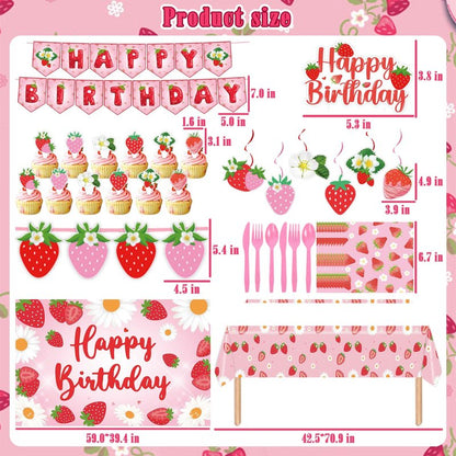 ZOYVUX Strawberry Birthday Decorations, Berry Party Decorations Including Balloon Arch Banner, Tablecloth, Backdrop, Cake Topper, Balloons, Hanging Swirls, Plates, Cups For Strawberry Themed Party
