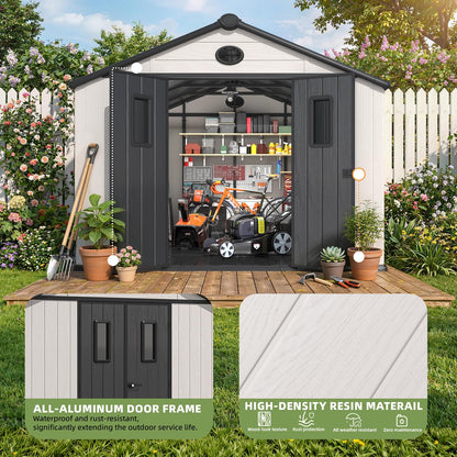 MELLCOM 10 x 10 FT Resin Outdoor Storage Shed with Floor, Outdoor Storage Tool Shed with Windows and Lockable Door, Resin Garden Shed for Lawnmower, Bike, Pool Supply