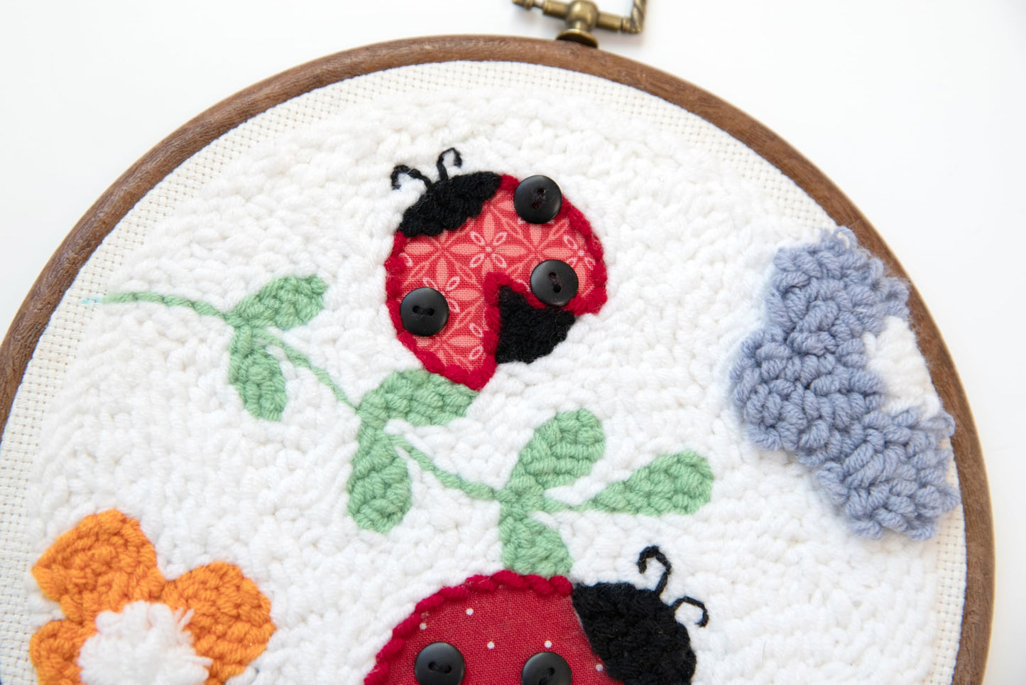 Kimberbell Punch Needle Kit – Bugs & Blooms - Complete DIY Embroidery Kit with Tool, Monks Cloth, Yarn, Appliqué Fabric & Frame – Ladybug & Floral Punch Needle Design for Handmade Gifts & Décor