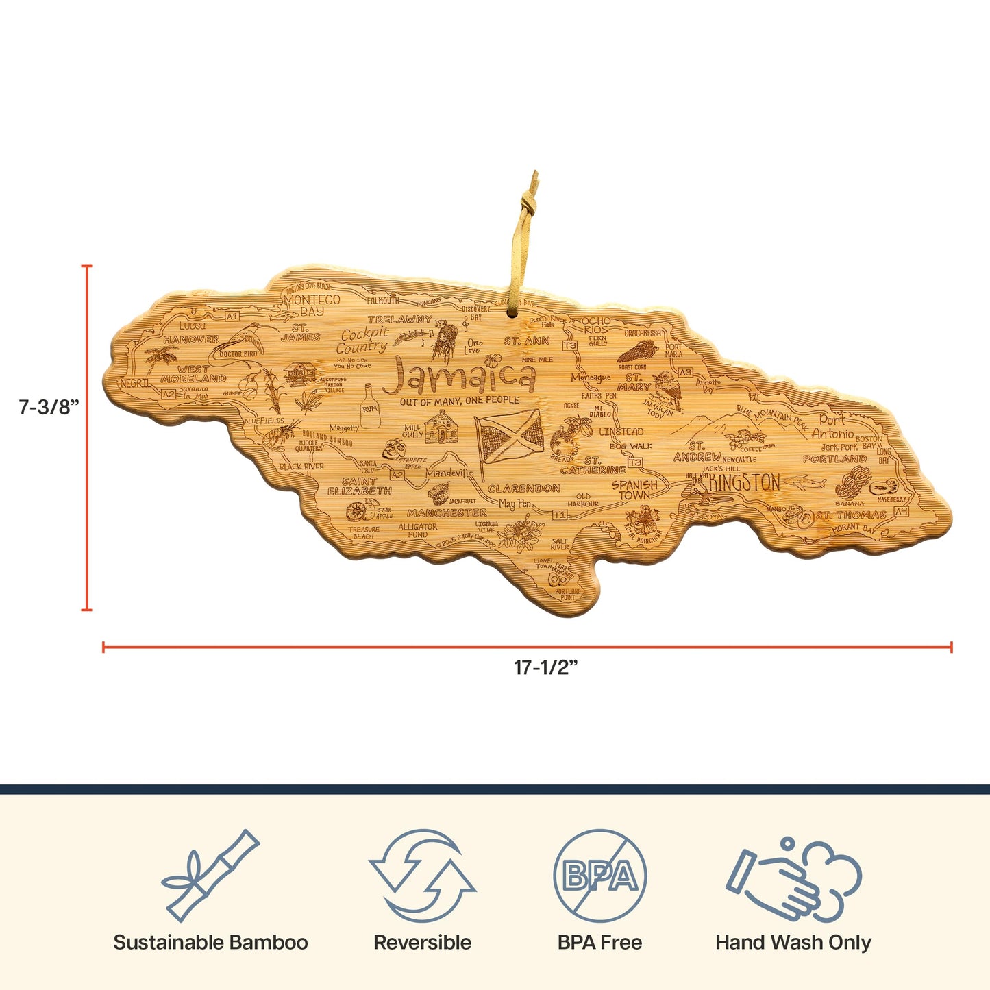 Totally Bamboo Destination Jamaica Shaped Cutting Board Bamboo Charcuterie and Serving Board with Hang Tie for Wall Display