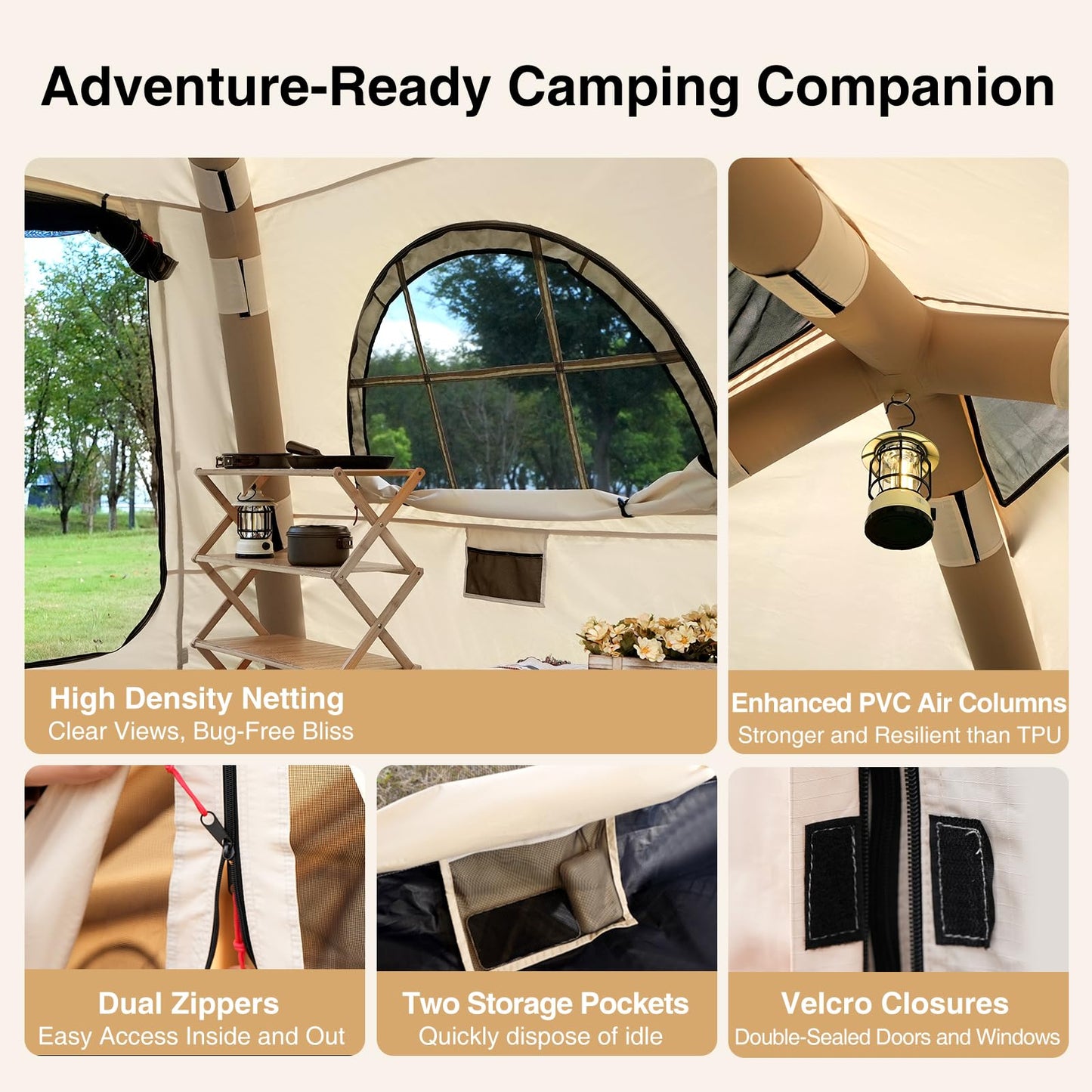 KNUO Inflatable Tent for Winter Camping 7.8x7.8ft Blow Up Air Tents, No Assembly Needed Luxury Glamping Tent for 1/2/3 People, Waterproof Oxford, Beige