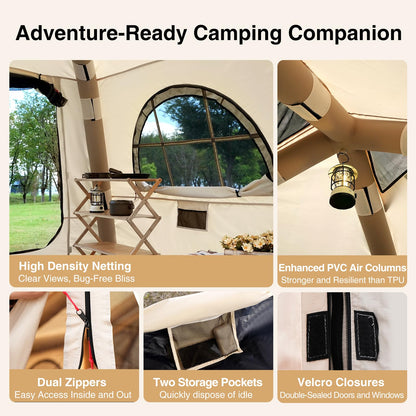 KNUO Inflatable Tent for Winter Camping 7.8x7.8ft Blow Up Air Tents, No Assembly Needed Luxury Glamping Tent for 1/2/3 People, Waterproof Oxford, Beige