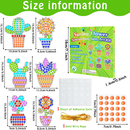 Qyeahkj 6Pcs Spring Arts Crafts Kit for Kids DIY Window Suncatcher Potted Gemstone Stickers Plant Gem Diamond Painting Gifts for Girls Boys School Home Activity Birthday Party Supplies