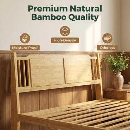 Askeld Bamboo Queen Bed Frame with Headboard, 14 inch Wood Platform Bed Frames Queen Size No Box Spring Needed, Rustic Farmhouse Heavy Duty Bedframe Noise Free, Easy Assembly