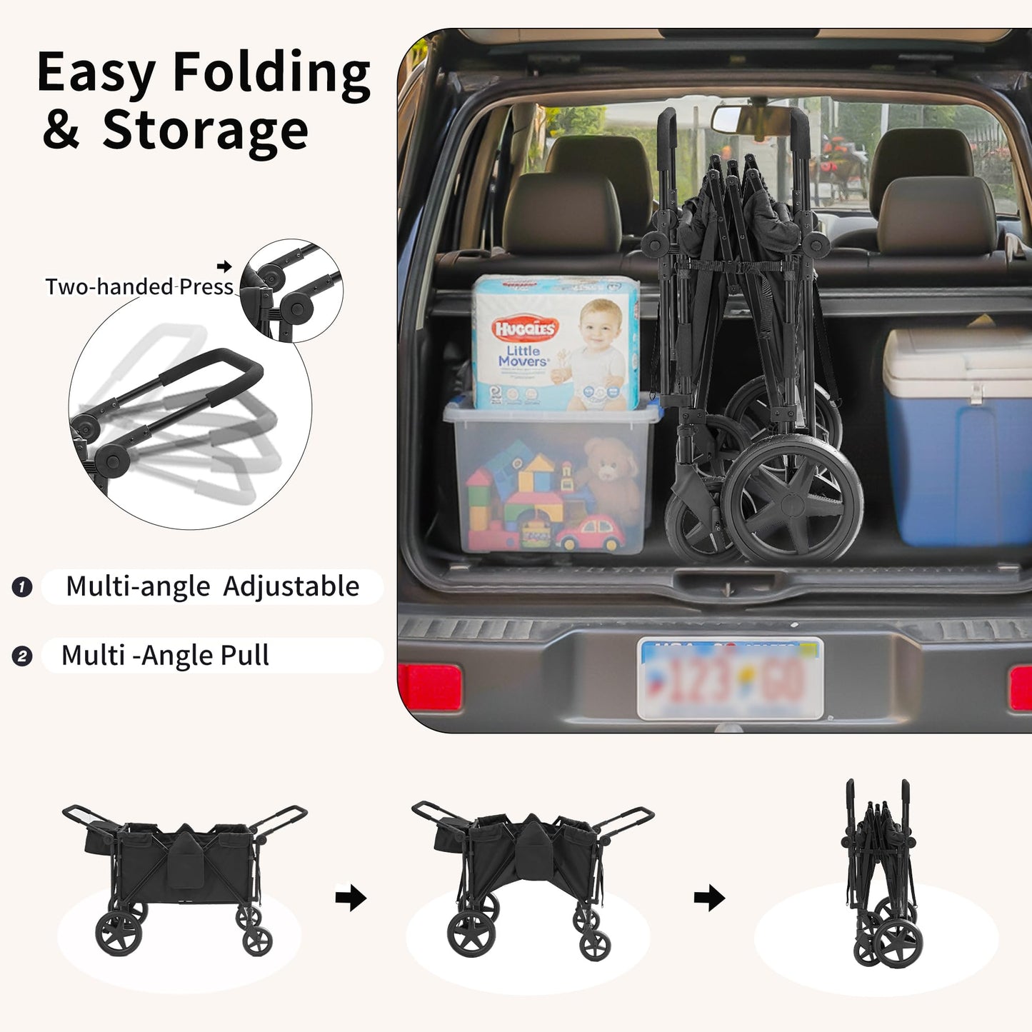 Stroller Wagon for 4 Kids, 4 Seater Wagon Stroller with Convertible Seats Footrests, Snack Tray, Storage Bag, Removable Canopy, Wagon Stroller 4 Seater with Double Push Handle (Black-Convertible)