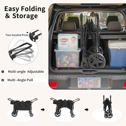 Stroller Wagon for 4 Kids, 4 Seater Wagon Stroller with Convertible Seats Footrests, Snack Tray, Storage Bag, Removable Canopy, Wagon Stroller 4 Seater with Double Push Handle (Black-Convertible)