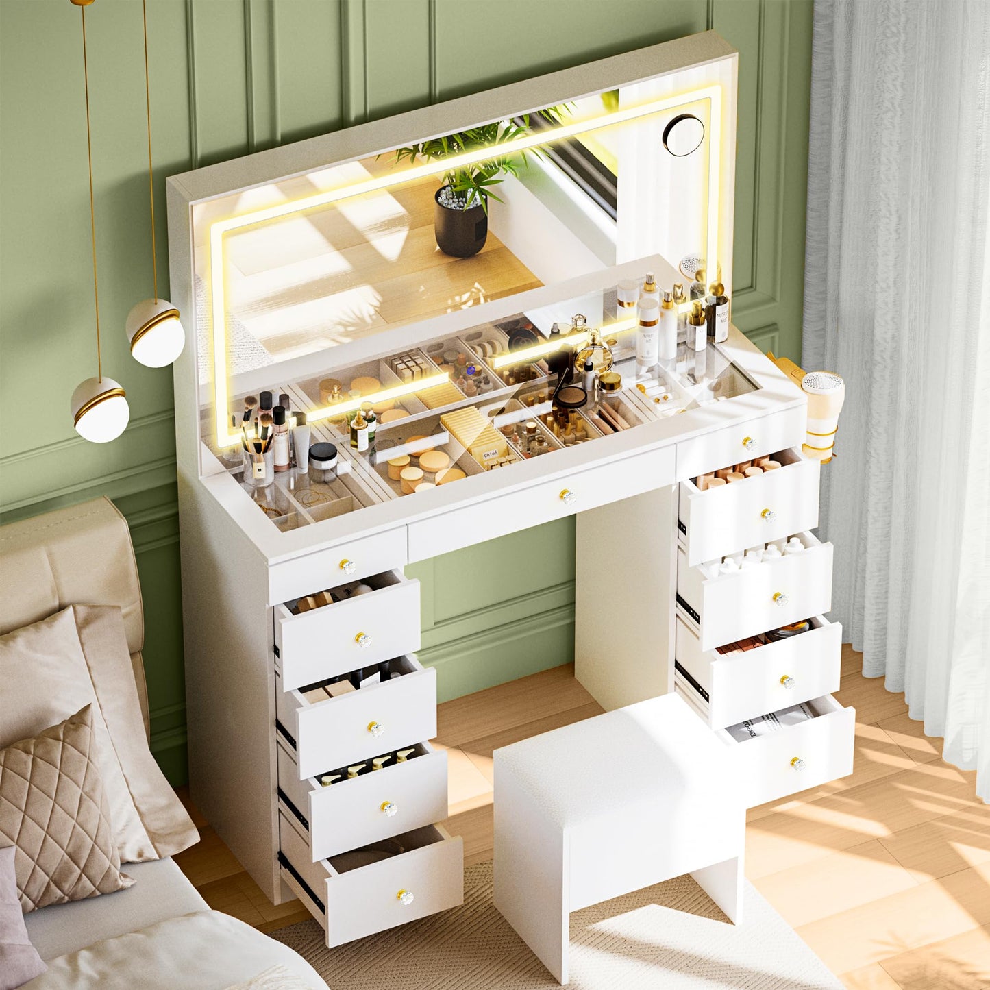 Fkhouse 11 Drawers Glass Top Vanity Desk with Chair, Crystal Handles Makeup Vanity with Mirror and Lights, Dressing Table with Power Outlet, Adjustable Lighting Modes, White