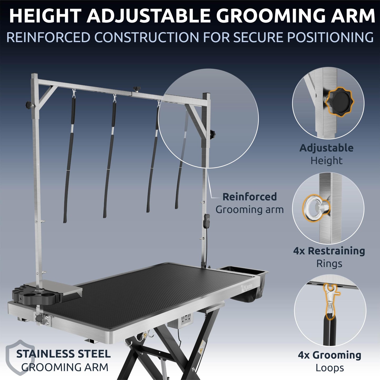 KANIS Professional Electric Dog Grooming Table - Heavy Duty, Height Adjustable Pet Grooming Table w/Leveling Wheels, Grooming Arm, Anti-Slip Tabletop & Tool Organizer/Dog Grooming Station (Black, 49")
