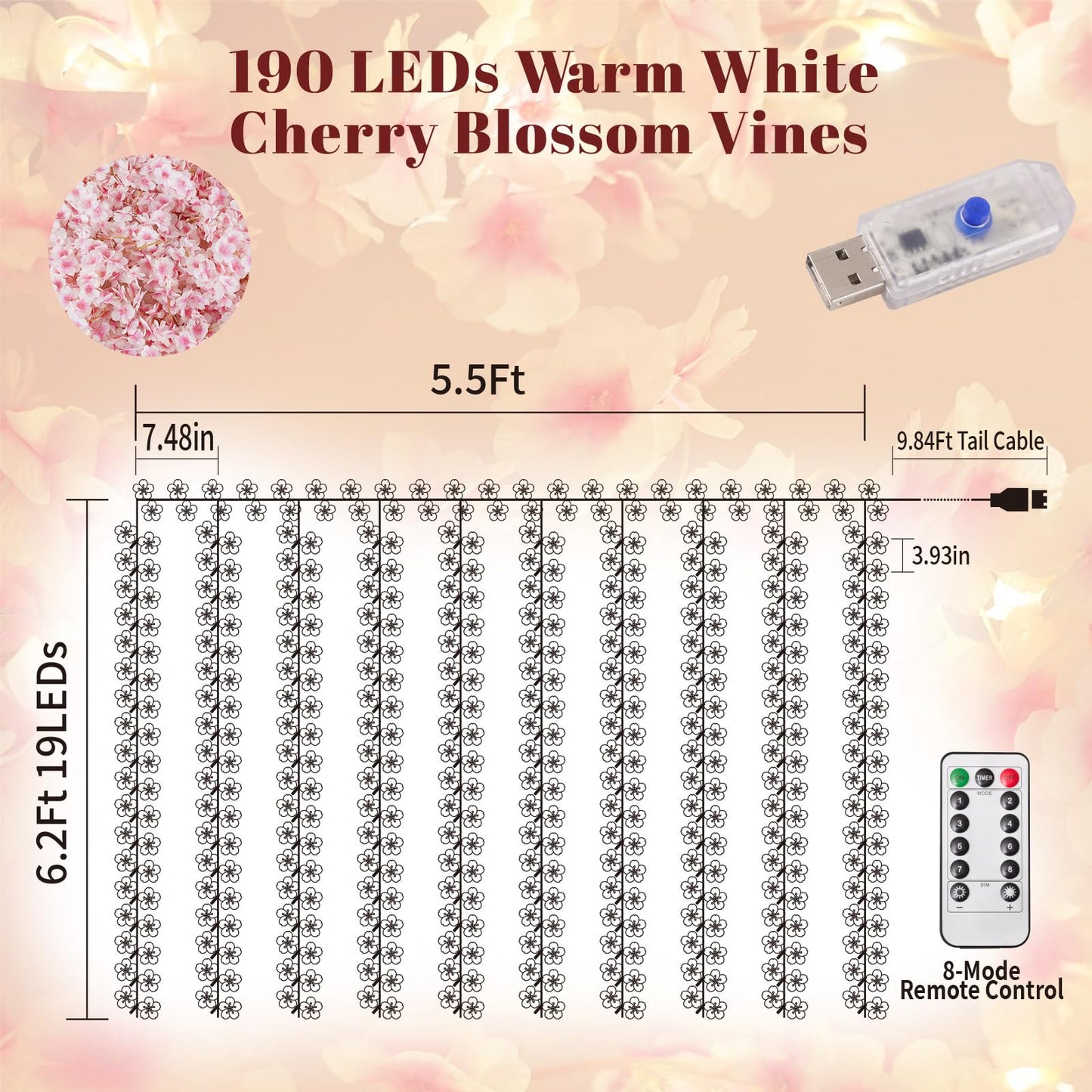 Lfasww Artificial Cherry Blossom Lights，190 LED 5.5ft x 6.2ft Warm White Curtain String Lights with Remote and Timer, 8 Modes, USB Powered for Room Wall Party Xmas Decor