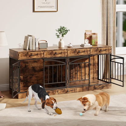 GarveeHome Dog Crate Furniture for 2 Dogs, Dog Kennel Indoor with 4 Storage Drawers and Feeding Bowls, Double Dog Crate TV Stand for Small Medium Dogs, Brown