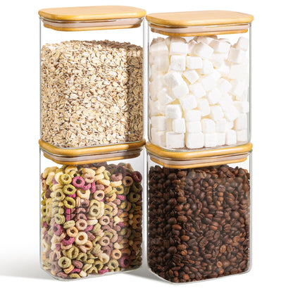 ComSaf 1.2 Qt Rectangle Glass Storage Containers with Lids, Glass Jars with Bamboo Lids, Clear Food Storage Jar, Sugar Coffee Containers, Pantry Container for Pasta Tea Candy Nut