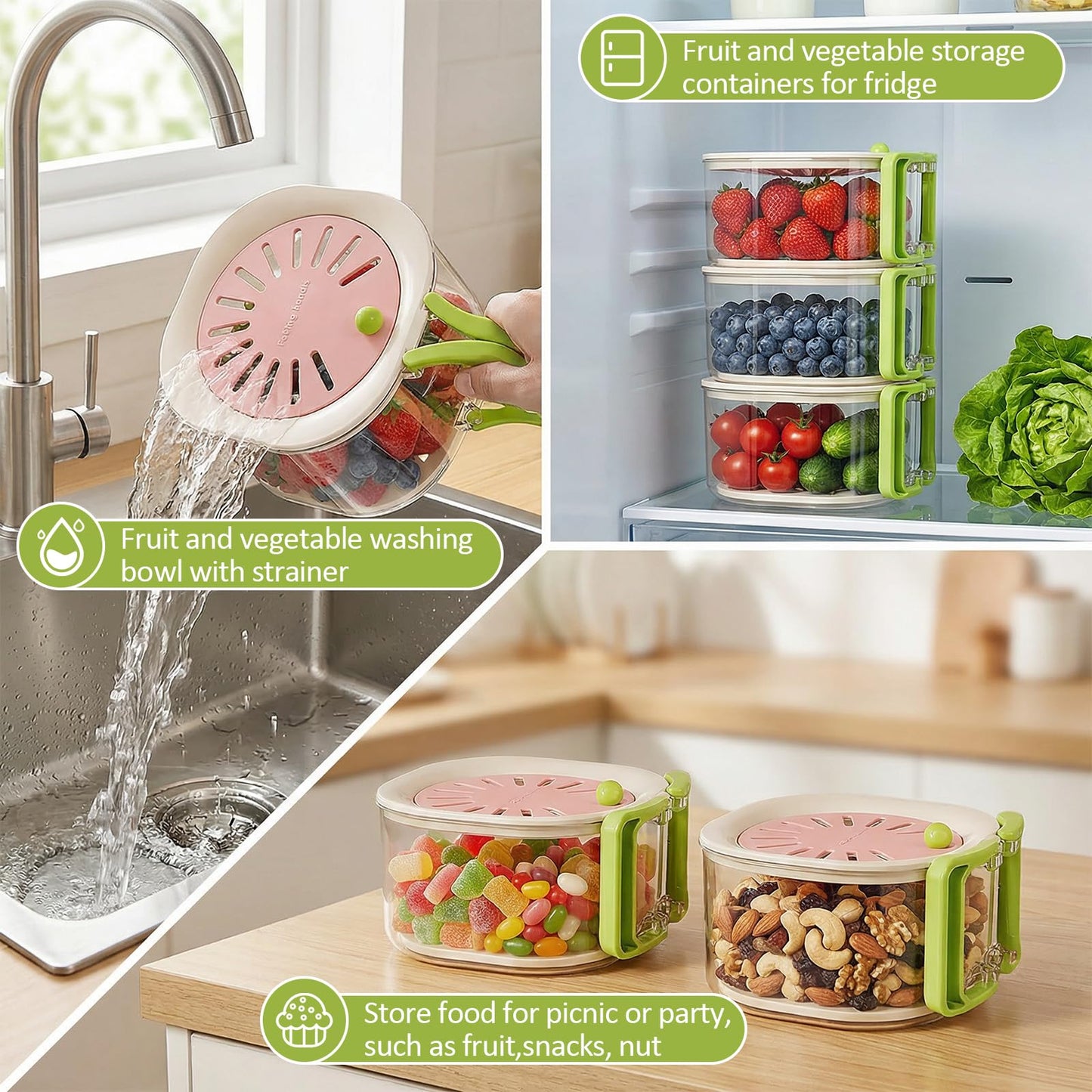 Fruit Vegetable Washing Bowl with Strainer - Multifunctional Berry Container, Produce Washer & Draining Colander Basket with Lid for Fridge Storage