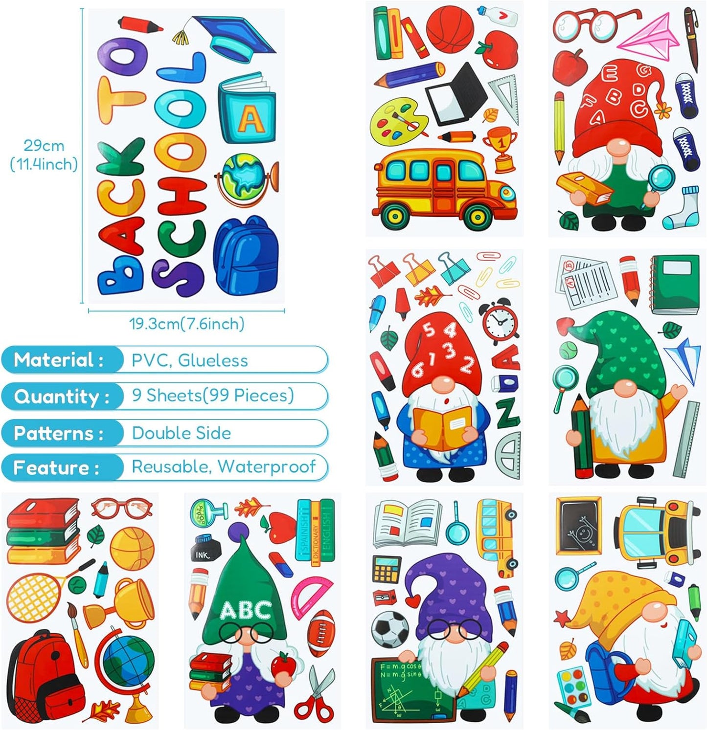 Naler Back to School Decorations Window Clings, 9 Sheets Glueless Static Double-Sided Stickers for Classroom