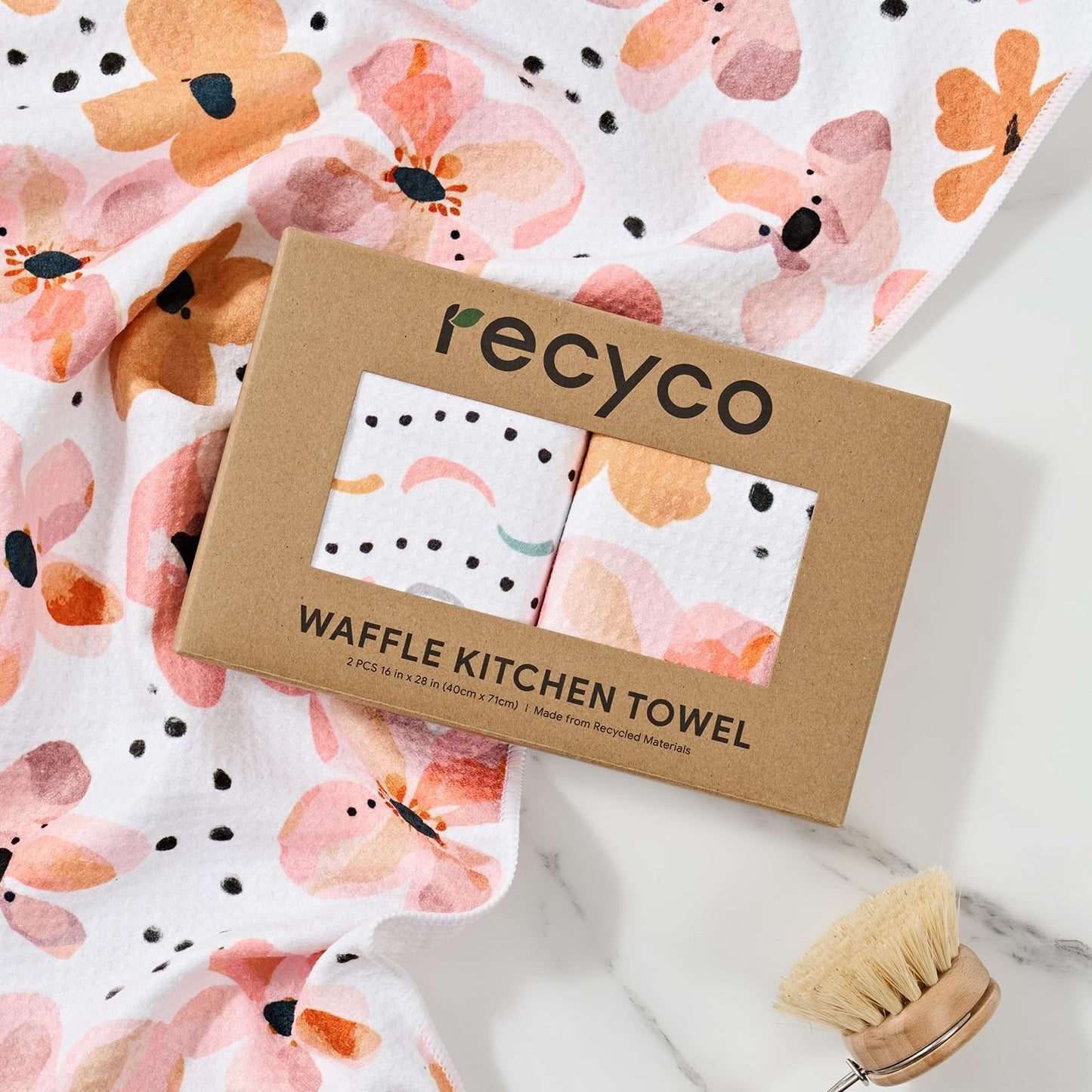 RECYCO Waffle Kitchen Towel Set of 2 - Quick Dry Microfiber Sustainable Dish Towels - Ultra Absorbent Reusable Cleaning Tea Towels - Lightweight Hand Towels,16”x 28”, Blossom Breeze